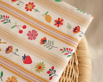 Stripe and fruits cotton fabric - vintage and retro vibes - fabric by the yard