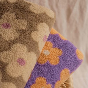 Floral teddy fabric - aoft faux fur with flowers - taupe and lilac colors - perfect for jackets and coats