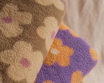Floral teddy fabric - aoft faux fur with flowers - taupe and lilac colors - perfect for jackets and coats