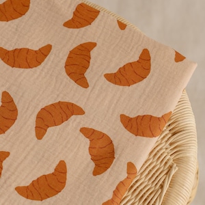 Croissant double gauze fabric, funny French theme, soft cotton muslin material , pastel shade