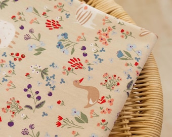 May include: A beige fabric featuring a repeating pattern of small colorful flowers, green leaves, purple berries, and illustrations of animals including a brown goose, a white pig, and a rabbit with long ears, all printed in a soft, matte finish.