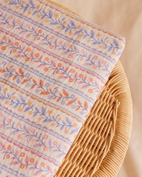 Boho double fauze fabric - Stripe pastel flower cotton muslin -fabric by the yard