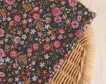 May include: A piece of fabric featuring a dark olive green background with a dense, repeating floral pattern. The design includes small flowers in shades of pink, coral, and white, interspersed with delicate brown and tan leafy foliage.