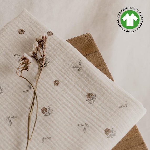 Subtle muslin fabric, flower nature print, soft and light organic material, natural color, premium quality