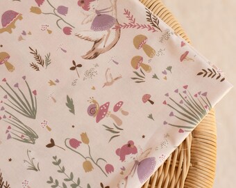 Fairy tale cotton fabric - swan princess print on dusty pink - whimsical storybook cotton for dresses and baby clothes