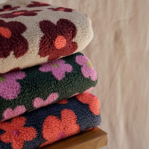 Vibrant floral teddy fabric - bold neon colors - cozy faux fur - ideal for jackets, vests, baby outerwear - fabric by the yard or meter