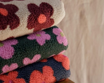 Vibrant floral teddy fabric - bold neon colors - cozy faux fur - ideal for jackets, vests, baby outerwear - fabric by the yard or meter