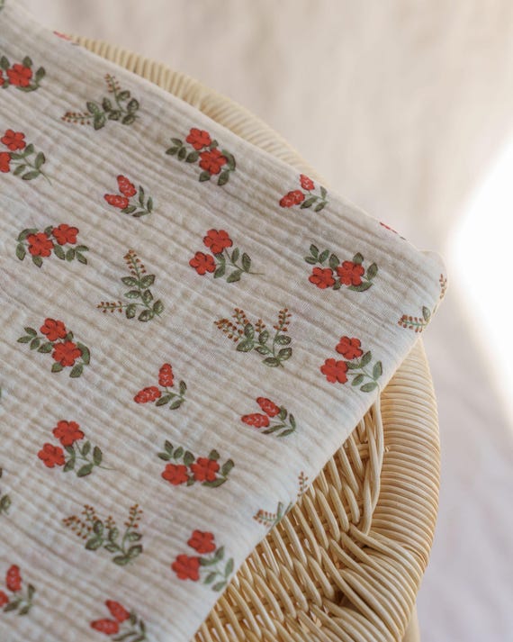 Red Flower Double Gauze Fabric: Soft Breathable Cotton Muslin