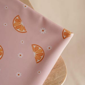 Swimwear Fabric – Orange and flower stretch jersey fabric for swimsuits & active wear – High-Quality sewing supplies, cut by the yard
