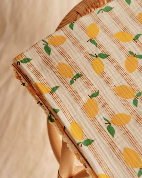 Yellow Striped Citrus Muslin - lemon print double gauze cotton - premium quality