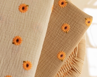 Embroidery sunflower double gauze fabric - boho style - ecru and taupe pastel colors - fabric by the yard