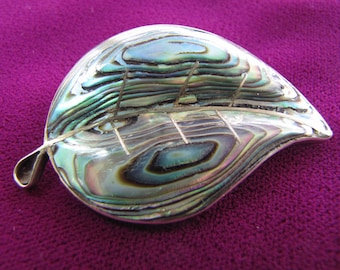 Vintage Mexican Silver and Abalone Shell Leaf Pin