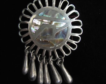 Vintage Mexican Silver and Abalone Brooch with Dangles