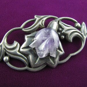 Vintage Mexican Silver Amethyst Flower Brooch - Very Large