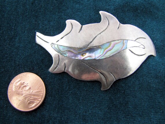 Vintage Mexican Silver Marked HRB Abalone Inlay L… - image 2
