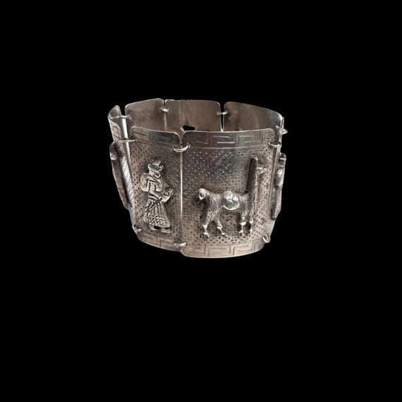 Vintage Peruvian Cuff Llama Story Bracelet- Sterling Silver, Industria Peruviana