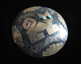 Vintage Peruvian Cat Pin in the Style of G. Laffi 18K Gold and Sterling Silver