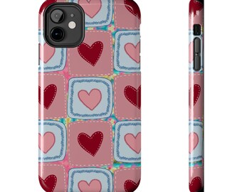 Heart Patchwork Phone case, iPhone 15, iPhone 14, iPhone 13, etc. Protective Tough double layered phone case. Trendy, Cute, Aesthetic Case