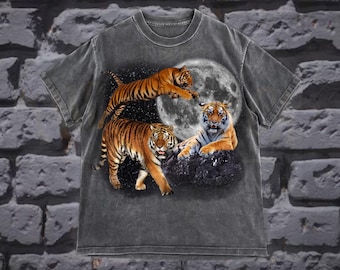 T-shirt vintage Tiger Moon Graphic : T-shirt animalier rétro des années 90