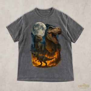 Vintage T-Rex Graphic Tee: Retro Dinosaur Moon Fire Design
