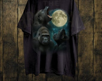 Vintage Gorilla Moon Shirt, Primate Wildlife Graphic Tee, Unisex Acid Wash T-Shirt, Retro Night Sky Aesthetic, Ape Lover Gift