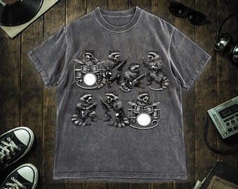 Camiseta vintage de banda de mapaches, divertida camiseta con gráfico musical de animales, unisex, con lavado ácido, diseño retro de baterista y guitarrista de rock, regalo para amantes de la música.
