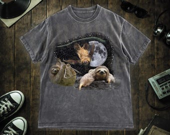 Cute Sloth Moon Tee, Vintage Animal Graphic Shirt, Unisex Acid Wash Retro Night Sky, Funny Sloth Lover Gift