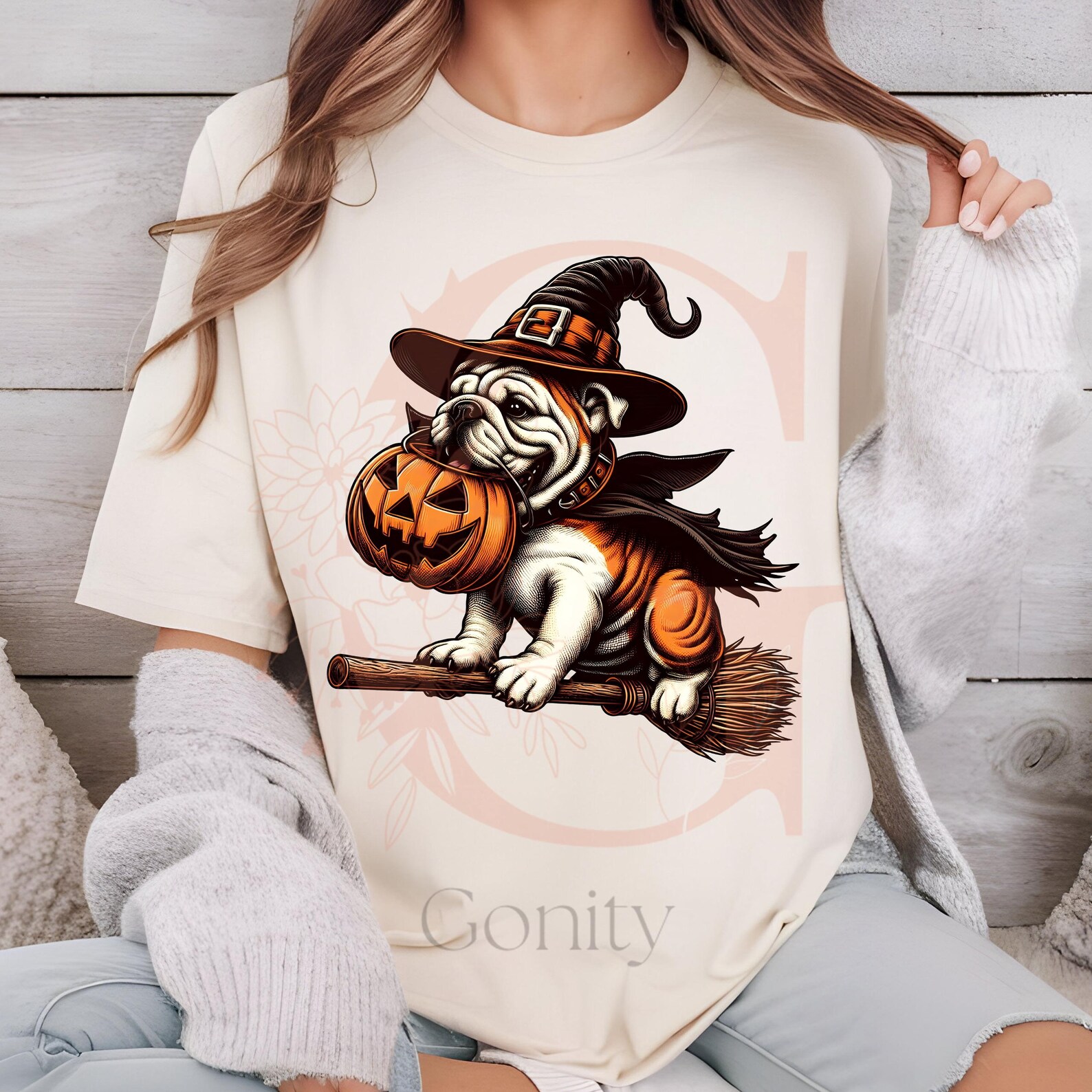 Halloween Bulldog Witch Tote Bag | Black & White Colored Male