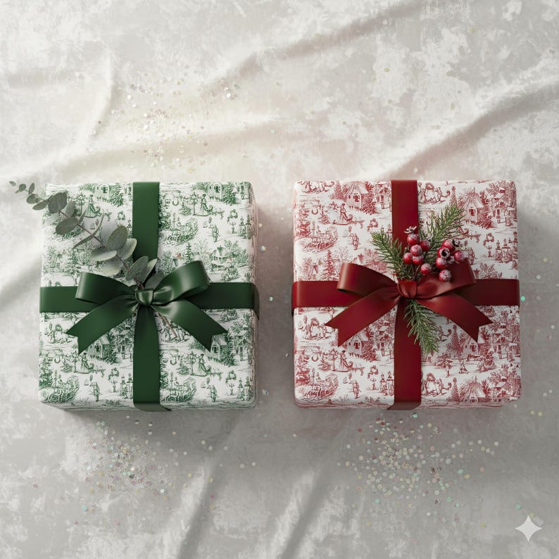 May include: Two wrapped gifts with decorative paper. One is green and white with a green bow and eucalyptus. The other is red and white with a red bow and berries. Both are on a white surface.