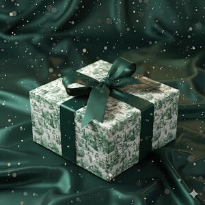 May include: A square gift box wrapped in white paper with a green toile pattern, tied with a dark green satin ribbon and bow. The box sits on a dark green satin fabric, with a sprinkling of white dots.