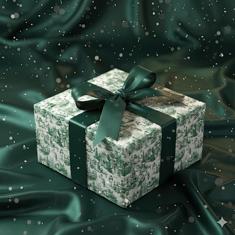 May include: A square gift box wrapped in white paper with a green toile pattern, tied with a dark green satin ribbon and bow. The box sits on a dark green satin fabric, with a sprinkling of white dots.