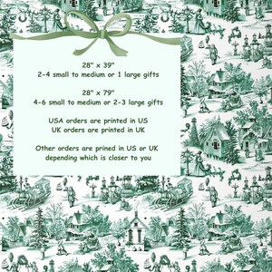 May include: A green and white toile fabric with a repeating pattern of village scenes, trees, and figures. The image includes text indicating dimensions of 28" x 39" and 28" x 79", along with gift size suggestions. The fabric is suitable for wrapping gifts.