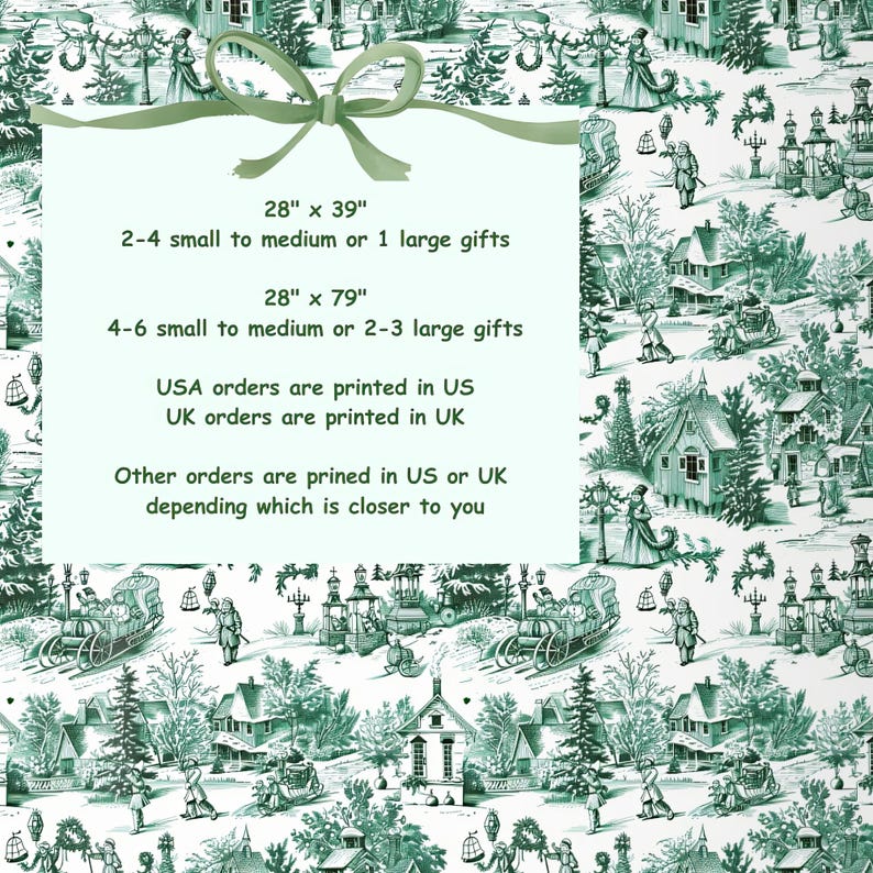May include: A green and white toile fabric with a repeating pattern of village scenes, trees, and figures. The image includes text indicating dimensions of 28" x 39" and 28" x 79", along with gift size suggestions. The fabric is suitable for wrapping gifts.
