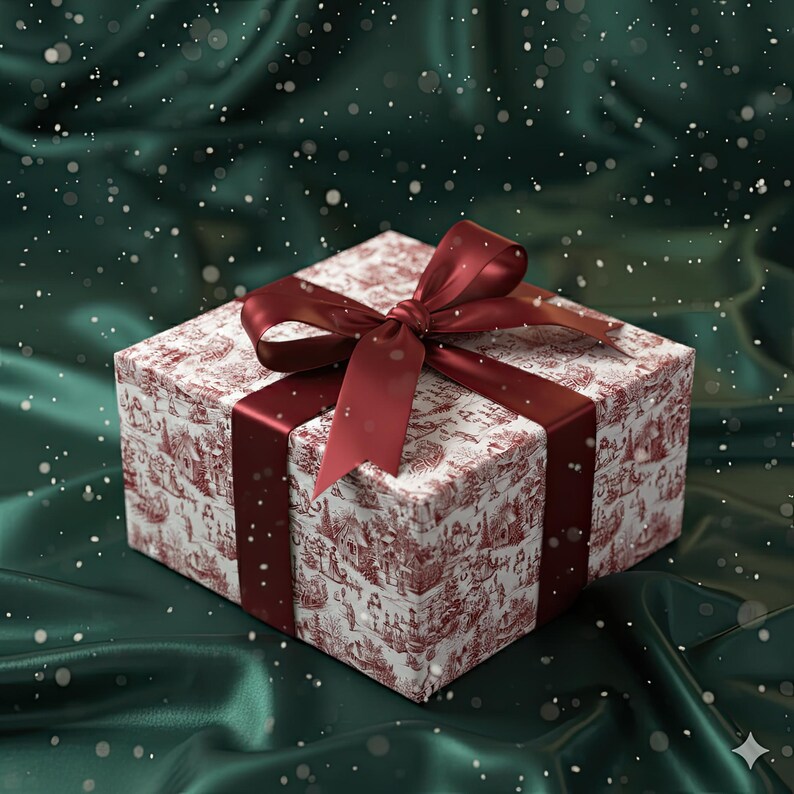 May include: A square gift box with a red and white toile pattern, tied with a burgundy ribbon and bow. The box sits on a dark green satin surface, with a sprinkling of white dots, creating a festive holiday theme.