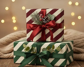Red, Green and Burgundy Stripe Wrap, Wrapping Paper Set