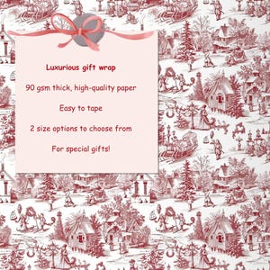 May include: Red and white gift wrap featuring a winter village scene with houses, trees, and figures. The text on the wrap reads "Luxurious gift wrap", "90 gsm thick, high-quality paper", "Easy to tape", "2 size options to choose from", and "For special gifts!"