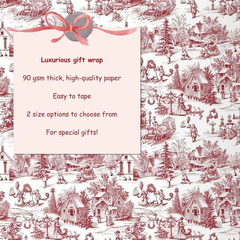May include: Red and white gift wrap featuring a winter village scene with houses, trees, and figures. The text on the wrap reads "Luxurious gift wrap", "90 gsm thick, high-quality paper", "Easy to tape", "2 size options to choose from", and "For special gifts!"