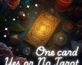 May include: A glowing tarot card with intricate designs, surrounded by decorative elements, a lit candle, and the text "One card Yes or No Tarot". The card is a golden color, with a circular design in the center.