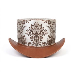 Handmade Brown Leather Top Hat: Victorian Steampunk Damask Brocade Crown