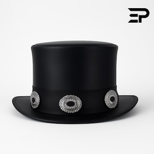 Black Leather Steampunk Top Hat with Silver Conchos, Victorian Gothic Festival Costume Accessory, Cowboy Biker Cosplay Gift for Him and Her