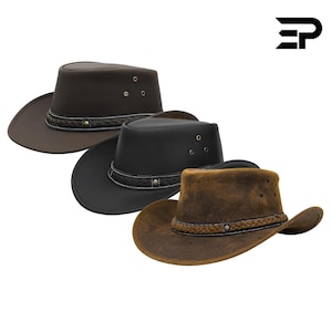 Classic Australian Leather Cowboy Hat Bush Outback Western Hat for Men & Women, Summer Ranch Style Hat, Western Outback Hat, Black and Brown