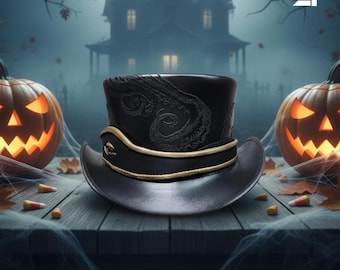 Haloween Leather Top Hat | Handmade Gothic Hat with Gold Trim & Eye Detail | Festival Cosplay Victorian Costume Hat