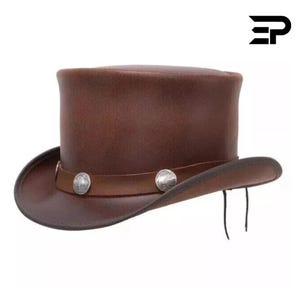 Brown Leather Steampunk Top Hat with SR2 Band – Handmade Gothic Biker Cosplay Festival Hat