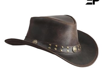 Australischer Cowboyhut aus Leder | Unisex Outback Western-Stil | Formbarer Buschhut mit breiter Krempe für Männer & Frauen | Handgefertigter Ranch Hut