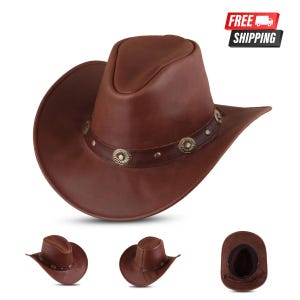 Handcrafted Brown Leather Cowboy Hat – Western Outback Style for Men, Rustic Father&#39;s Day Gift, Rodeo Wear, Festival or Birthday Gift