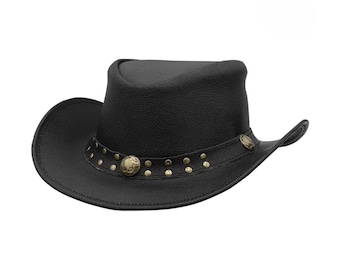 Schwarzer Cowboyhut aus Büffelleder mit Nickel-Conchos und Nietenband, handgefertigtes Geschenk aus Rindsleder