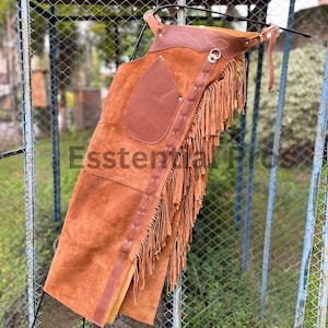Handmade Western Cowboy Chap Fringes, Suede Leather Pants Riding Chaps Rodeo Costume, Men&#39;s Vintage Style Suede Leather Chap