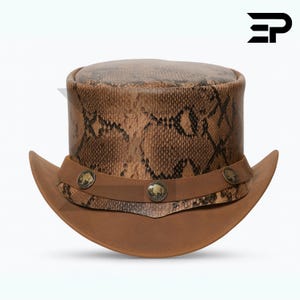May include: A brown top hat featuring a snakeskin pattern on the crown and brim. A brown leather band encircles the base, decorated with three circular metal medallions, each embossed with a buffalo design. The hat has a wide, curved brim.