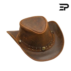 Vintage Brown Leather Cowboy Hat, Western Outback Style with Studded Band, Handmade Genuine Leather Rodeo Hat for Men & Women