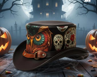Puede incluir: Un sombrero de copa marrón oscuro con un diseño estampado de una cara de búho colorida y varias calaveras. El sombrero incluye una banda de cuero sintético marrón con un anillo de metal color latón y tachuelas en la base.